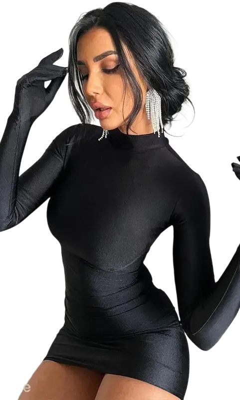 Woman in a sexy sheath long sleeve bodycon dress with gloves and dangling earrings