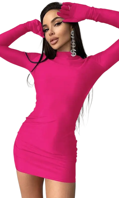 Woman in a sexy sheath long party bodycon dress with long sleeves and dangling earrings