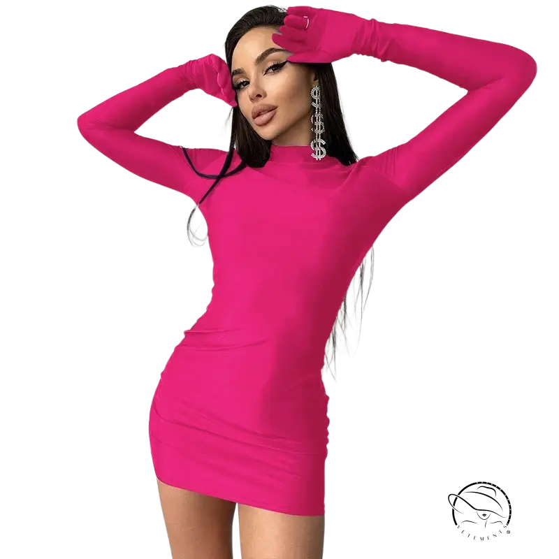 Woman in sexy sheath long sleeve party bodycon dress with pink hue and earrings