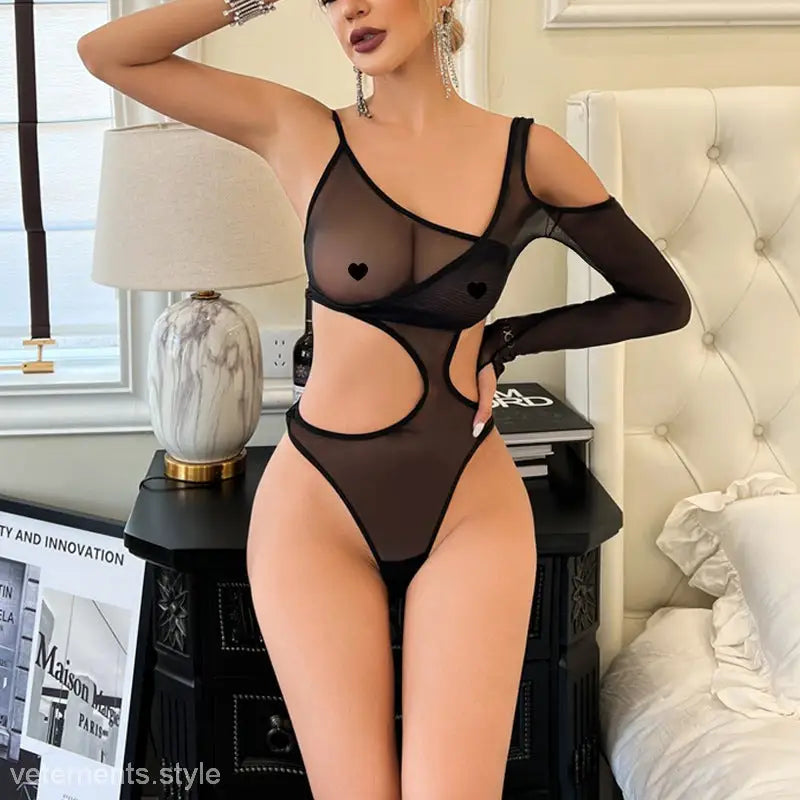 Revealing black mesh bodysuit with cutouts and sheer panels from the Sexy Siamese Suit collection