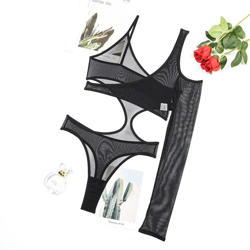 Black mesh lingerie set with bra, panties, and stockings from the Sexy Siamese Suit collection