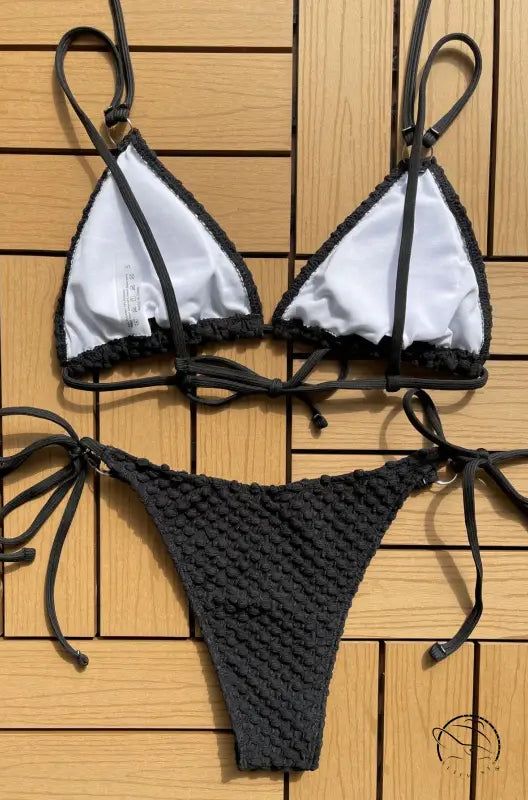 Sexy single swimsuit with white triangle top and black crochet bottom