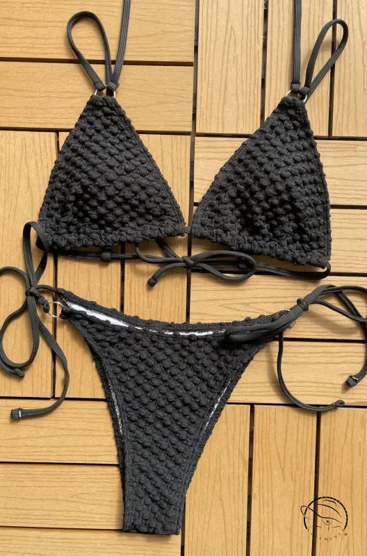 Sexy single swimsuit: black crocheted bikini with boho tie strap