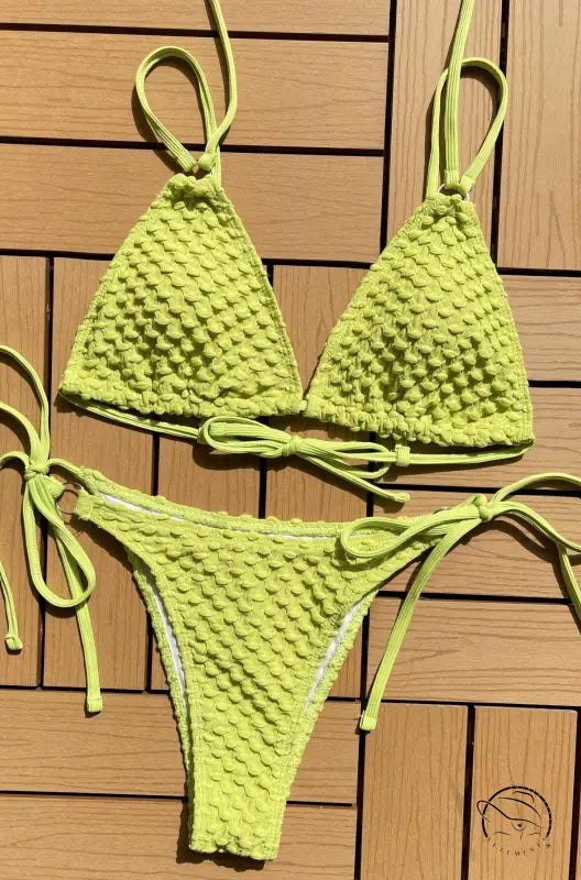 Lime green crocheted sexy single swimsuit with boho tie strap