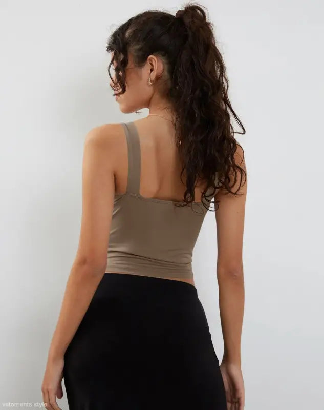 Fashionable slim cutout camisole top by Vetements Style with brown tank and black skirt