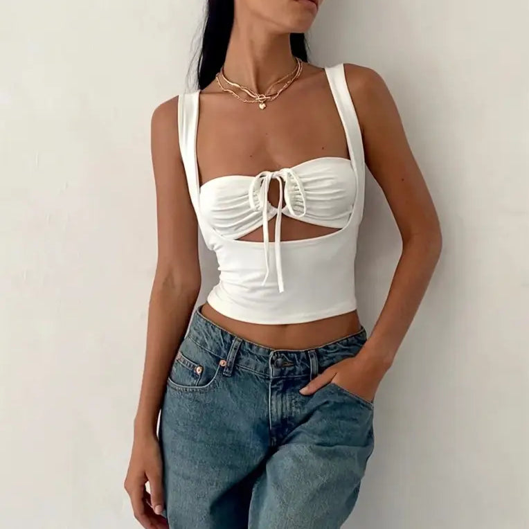 Fashionable white tie-front crop top with slim cutout detail from Vetements Style