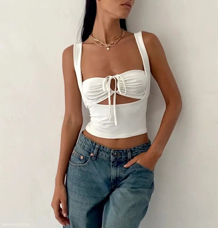 Fashionable white tie-front crop top with slim cutout detail from Vetements Style