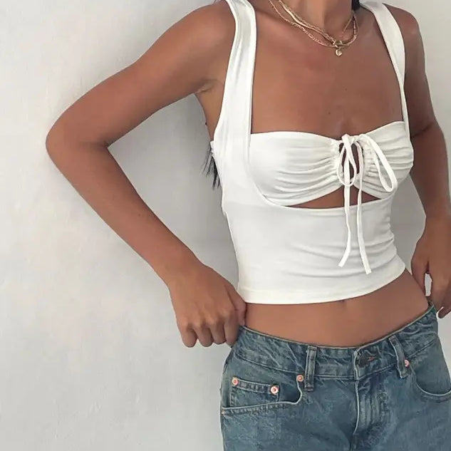 Fashionable white tie-front crop top with slim cutout design by Vetements Style