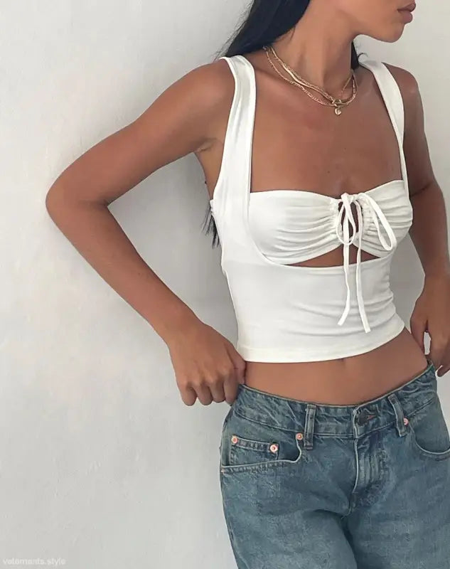 Fashionable white tie-front crop top with slim cutout design by Vetements Style