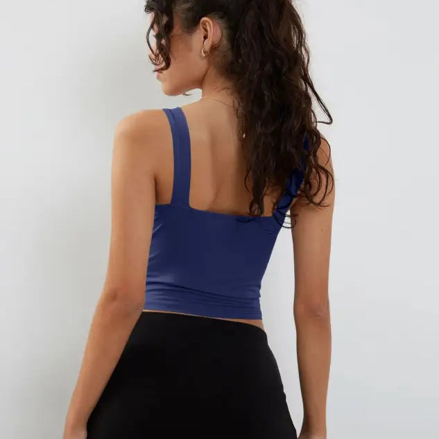Fashionable blue slim cutout camisole top by Vetements Style with square neck design