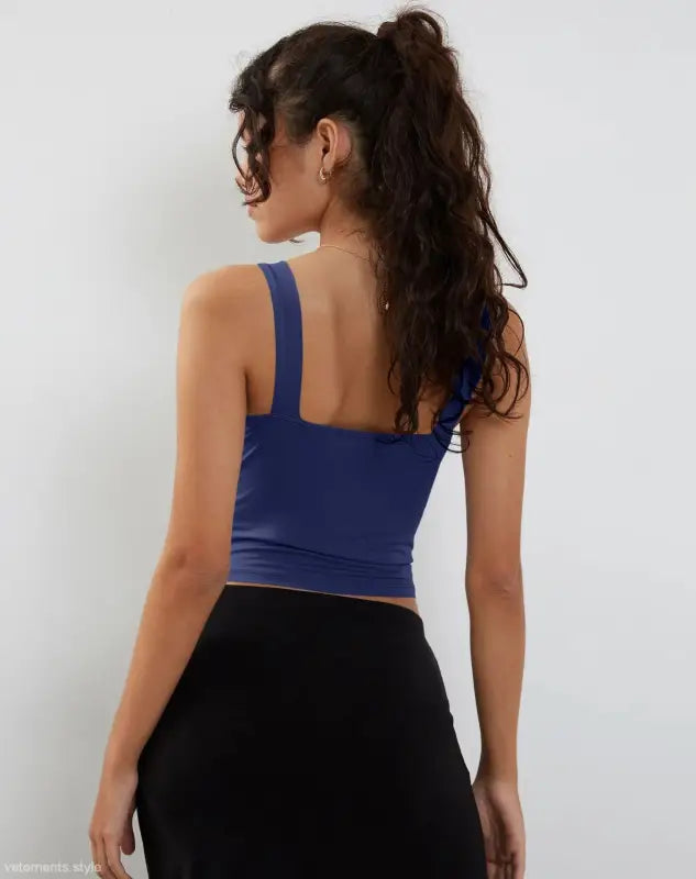 Fashionable blue slim cutout camisole top by Vetements Style with square neck design