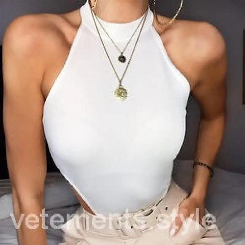 White halter top for slim polyester shoulder digging bodysuit, perfect for summer