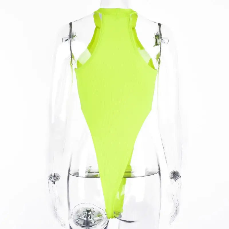 Neon green slim polyester shoulder digging bodysuit for summer, sexy shoulder digging style