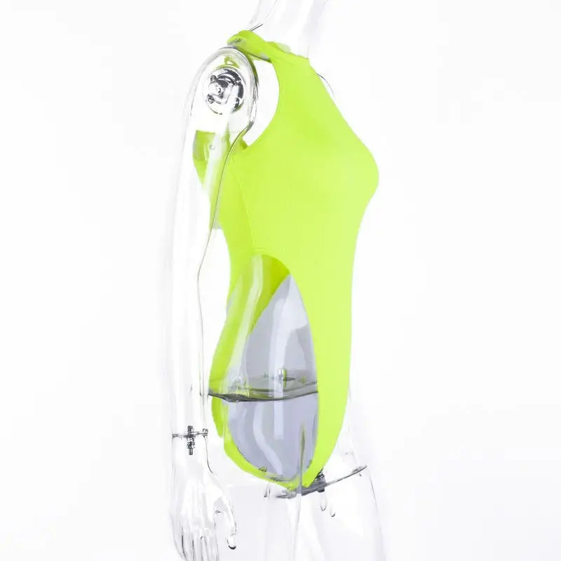 Neon green slim polyester shoulder digging bodysuit showcasing sexy shoulder digging design