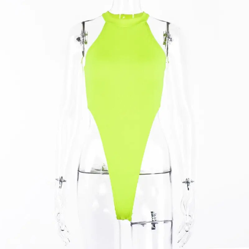 Neon green slim polyester shoulder digging bodysuit showcasing a sexy shoulder digging design