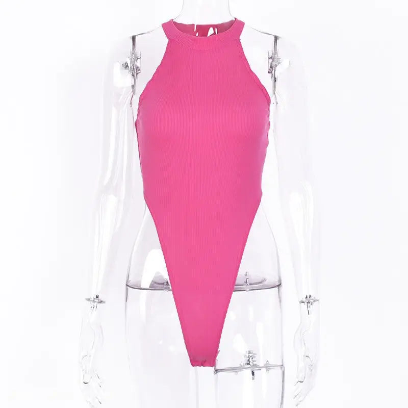 Pink ribbed shoulder digging bodysuit for summer, sexy shoulder digging design