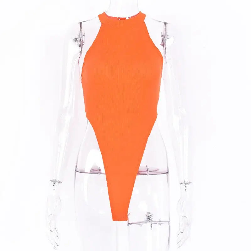 Orange ribbed shoulder digging bodysuit from Slim Polyester Summer Bodysuit collection