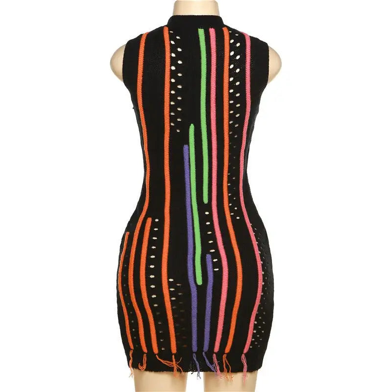 Black knit mini dress with colorful stripes, sexy slim street dress with color block fringe
