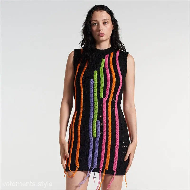 Black knit mini street dress with colorful stripes, perfect for slim street style fashion