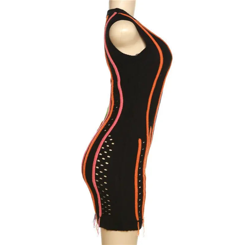 Black knit mini dress with colorful trim from Slim Street Dress with Color Block Fringe collection