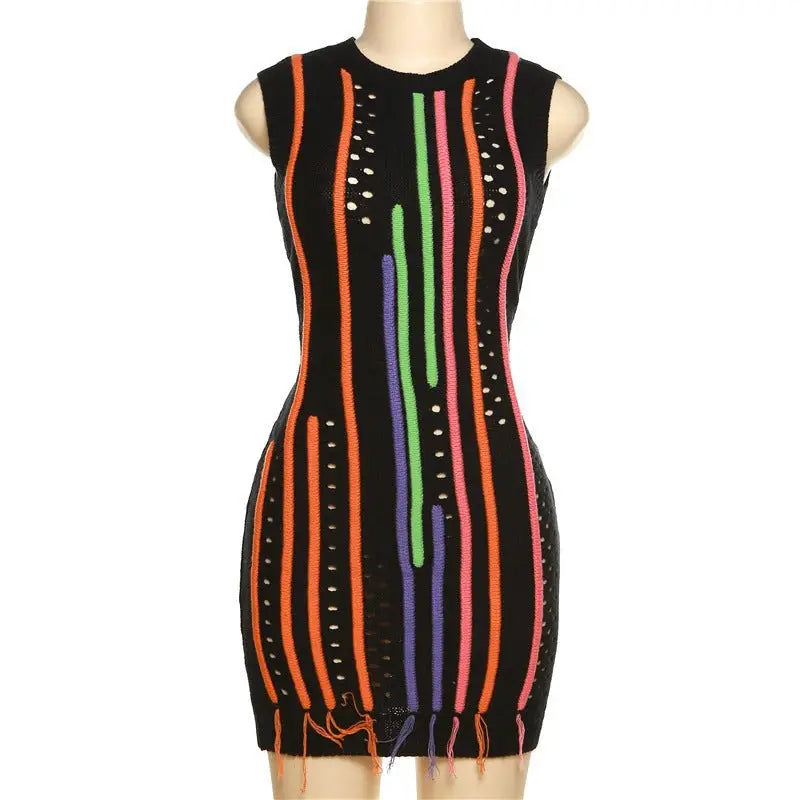 Black knit mini dress with colorful stripes, stylish sexy slim street dress design