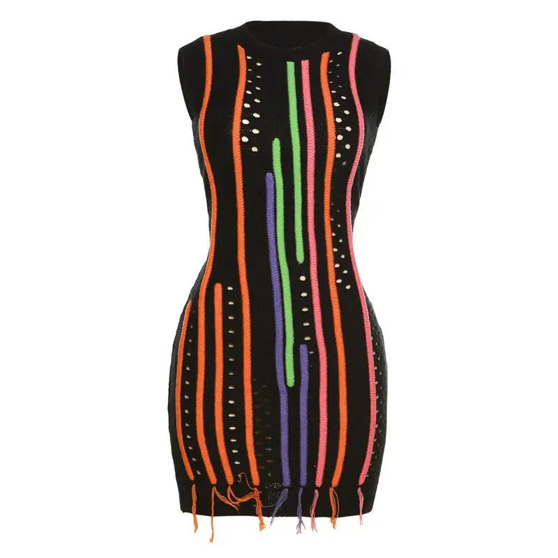 Black knit mini street dress with colorful stripes, perfect for sexy slim street style