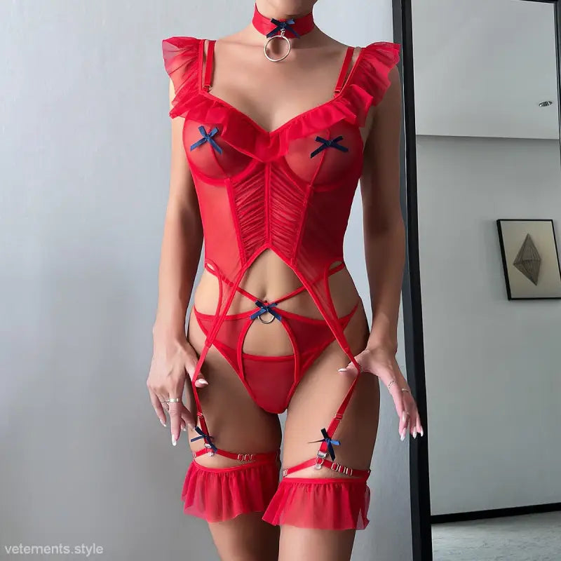 Red Ruffle Lingerie Set featuring Sexy Stitching Boning Corset Bra & Panty Details