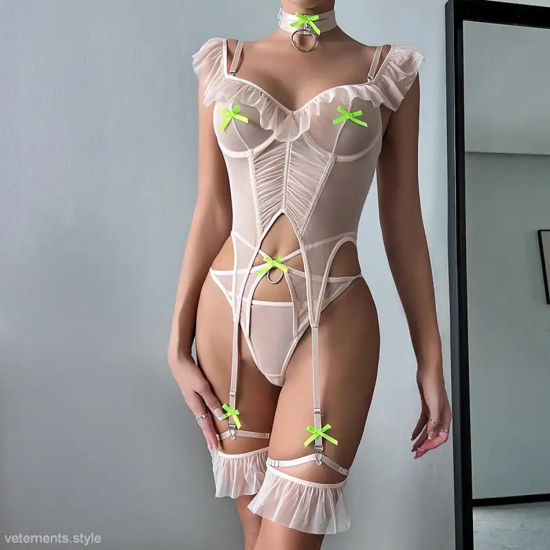 Beige lingerie set with neon green bows featuring sexy stitching boning and ruffle details