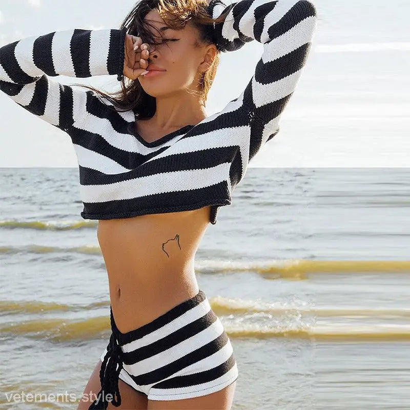 Black and white striped cropped long-sleeve sweater with matching knitted striped shorts set