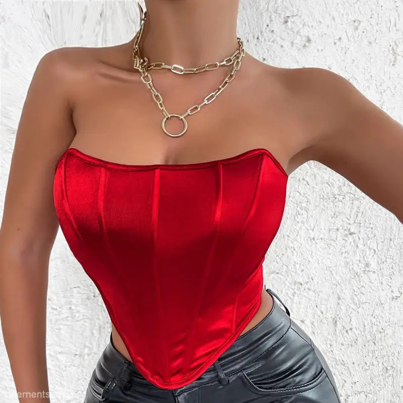 Red strapless satin summer slim corset top with glossy boning for a stylish look