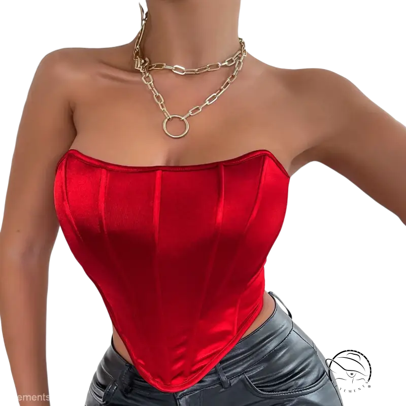 Red sexy summer slim corset tube top in glossy polyester satin fabric