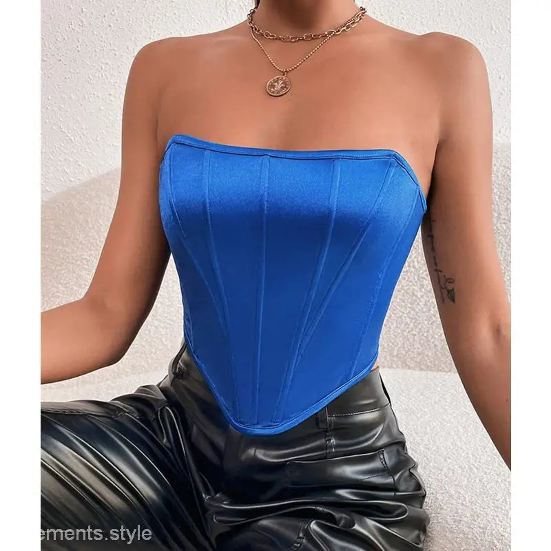 Royal blue glossy boning corset top with pointed hem, perfect for sexy summer slim corset looks