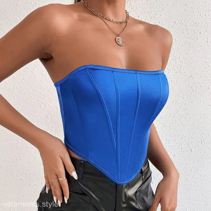 Sexy summer slim corset in glossy polyester with boning and pointed hem detail