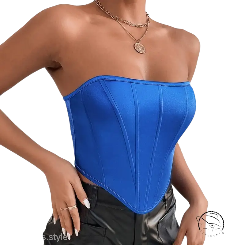 Sexy summer slim corset tube top in royal blue satin with glossy boning