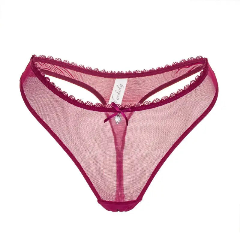 Pink sheer mesh underwear with burgundy lace trim, perfect for sexy T shaped panties