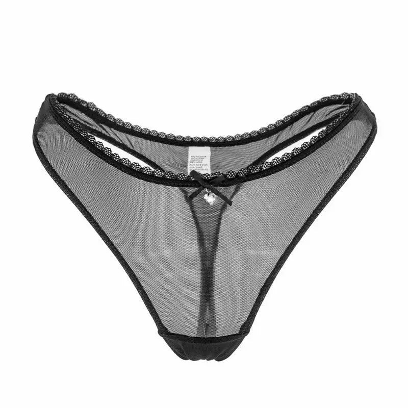 Elegant Black Mesh and Lace Women’s T Shaped Low Rise Thongs with Scalloped Trim, Free Shipping