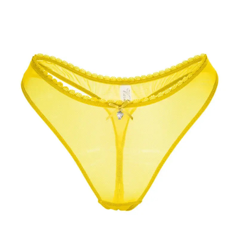Yellow sheer mesh thong underwear with bow detail in sexy T shaped design, free shipping