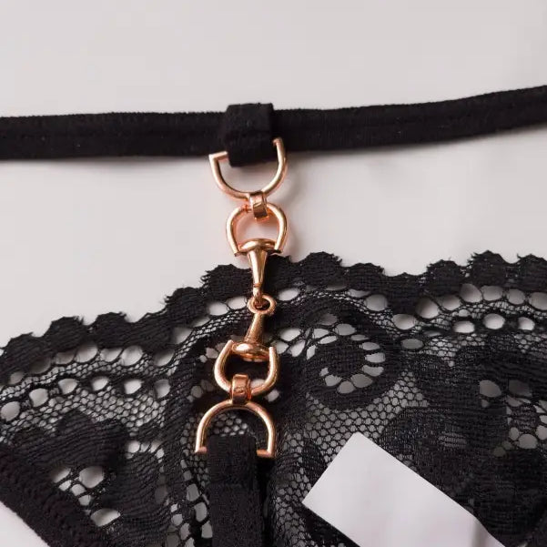 Black lace choker necklace with rose gold hardware and hanging clasp for sexy T shaped panties