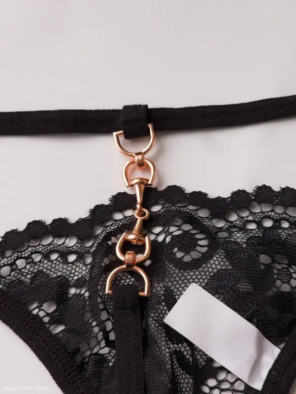 Black lace choker necklace with rose gold hardware and hanging clasp for sexy T shaped panties