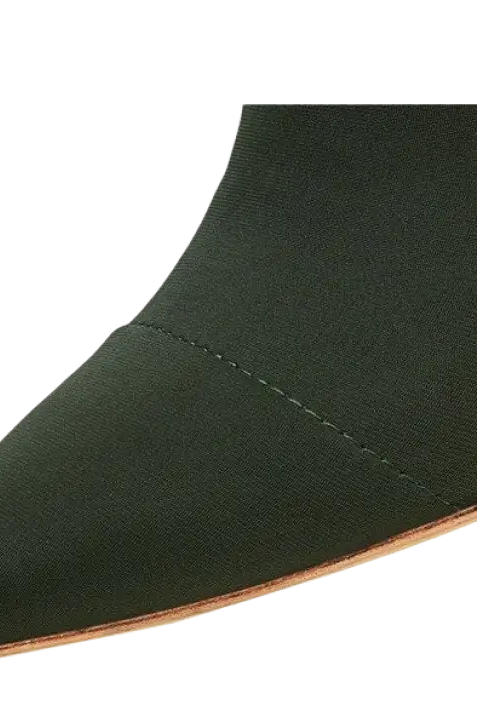 Pointed toe dark green stretch fabric high heels boots with wooden sole