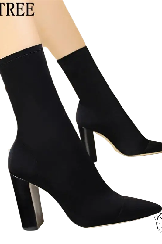 Black sexy talons heels boots with pointed toes and chunky high heels
