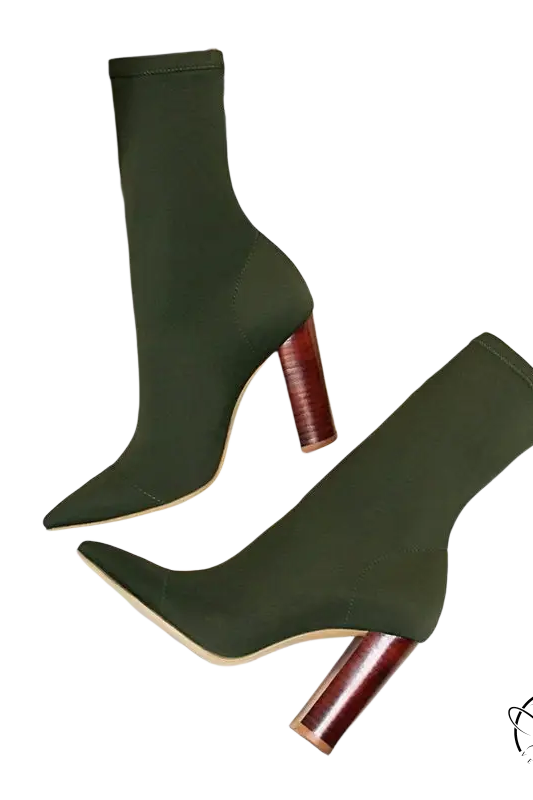 Pair of dark green high heels boots with pointed sexy talons heels