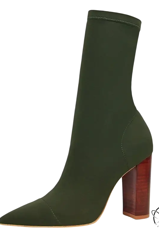 Dark green pointed-toe high heels boots with wooden block heel