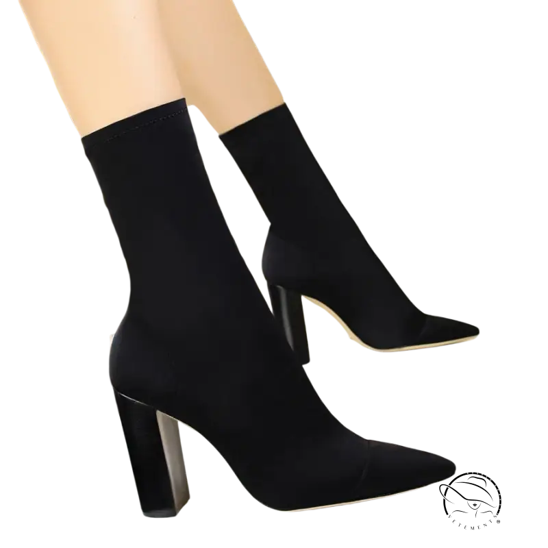 Black sexy talons heels: stretch fabric ankle boots for office wear