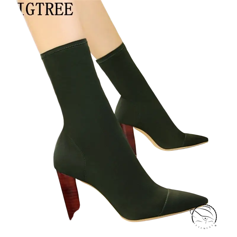 Dark green high heels boots with pointed toes and chunky wooden heels