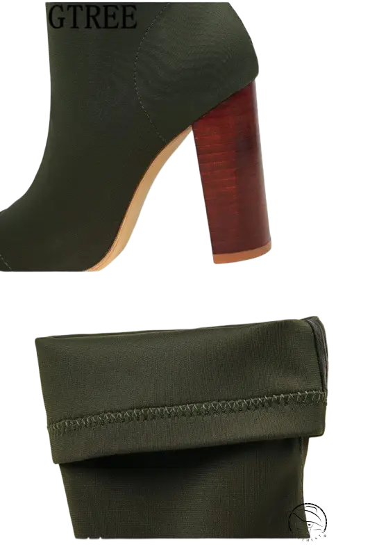 Dark green high heels boots with thick wooden heel and stretch fabric