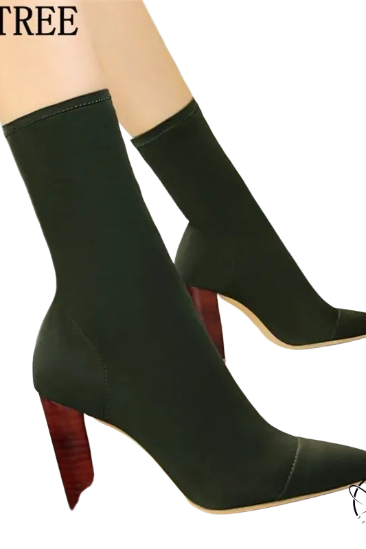 Dark green pointed-toe high heels boots with chunky wooden heels