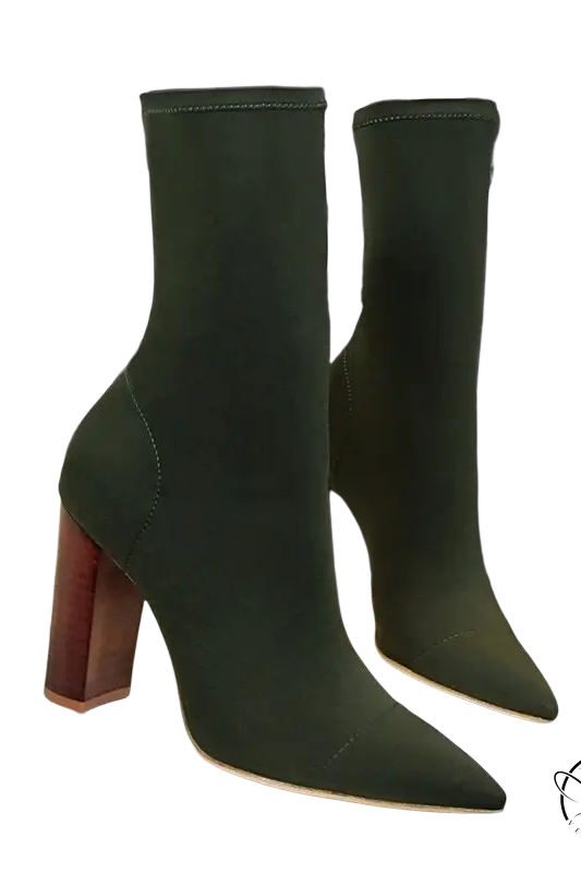 Sexy high heels boots: dark green pointed-toe ankle style with chunky wooden heels