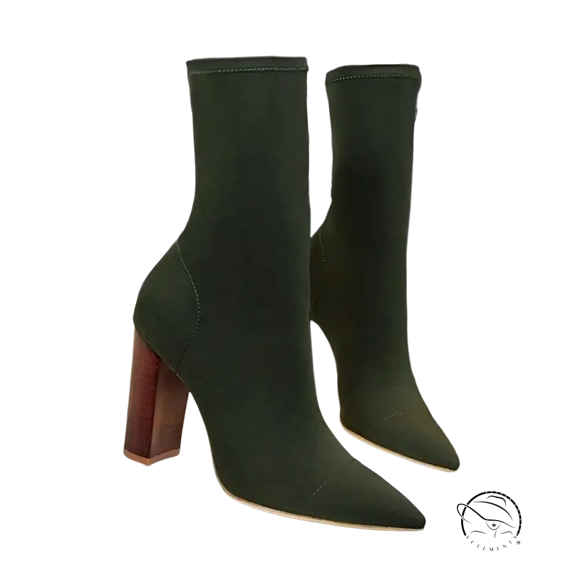 Sexy high heels boots: dark green pointed-toe ankle style with chunky wooden heels