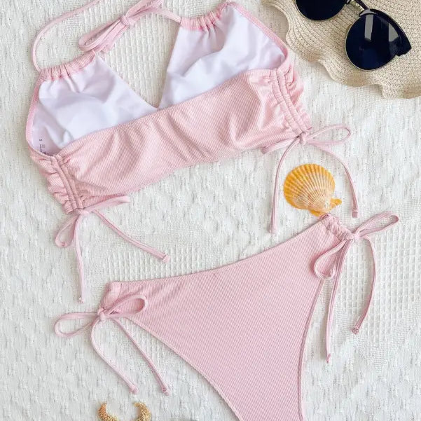Pink and white sexy tied swimsuit with boho tie strap